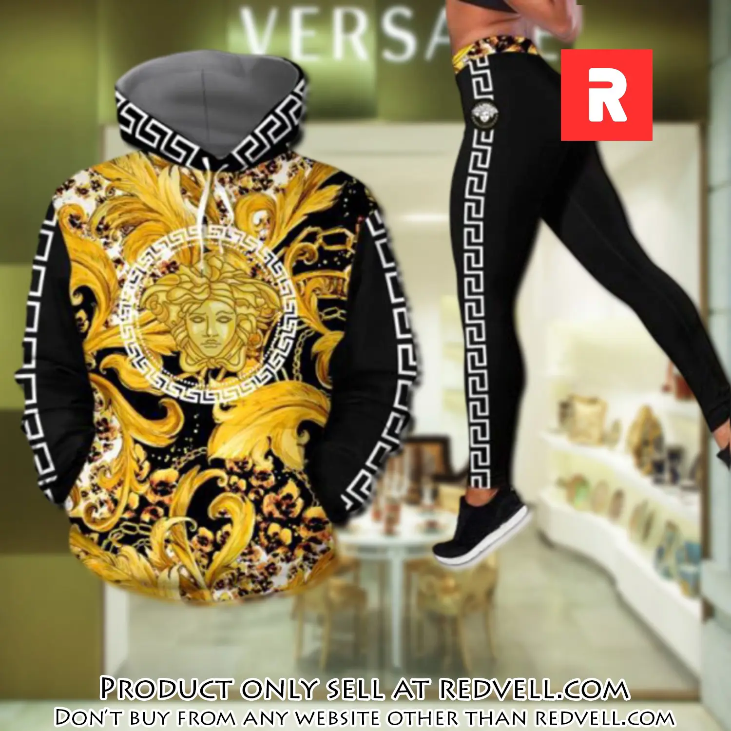 Gianni versace black gold hoodie legging set luxury for women rv4432093